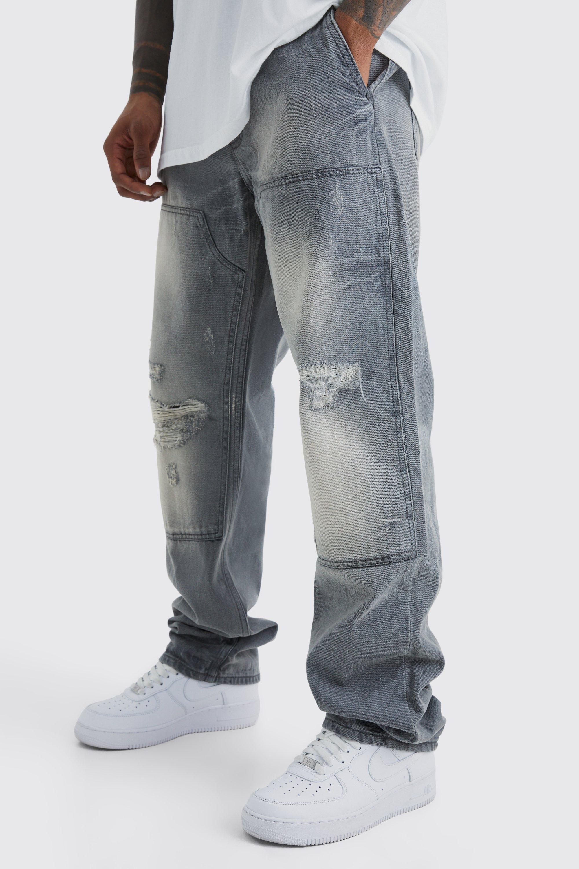 Mens Grey Relaxed Rigid Dirty Wash Carpenter Jeans, Grey